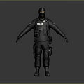Police Officer In Tactical Black Uniform With Helmet And Gear Standing On Gray Background