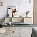 Modern TV Stand With White Cabinets Gold Metal Frame And Decorative Wall Art