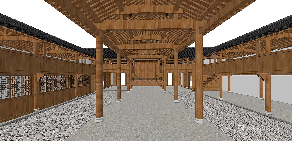 Ancient Architecture Interior With Wooden Roof Columns Latticed Walls And Stone Paved Floor 3d model 