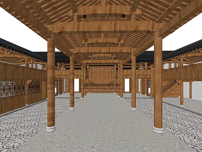 Ancient Architecture Interior With Wooden Roof Columns Latticed Walls And Stone Paved Floor 3d model