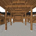 Ancient Architecture Interior With Wooden Roof Columns Latticed Walls And Stone Paved Floor