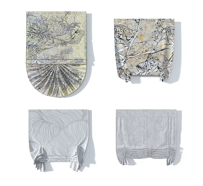Decorative Roman Curtains With Leaf Patterns Abstract Designs And Neutral Color Tones 3d model