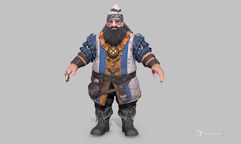 Bearded Man In Blue And White Traditional Outfit With Decorative Belt Armored Wrists And Hat 3d model 