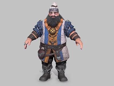 Bearded Man In Blue And White Traditional Outfit With Decorative Belt Armored Wrists And Hat 3d model