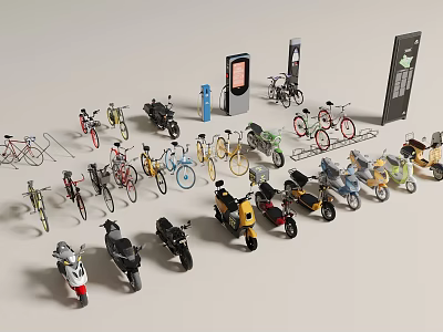 Collection of Various Toy Motorcycles with Bicycles Display Racks and Charging Stations 3d model