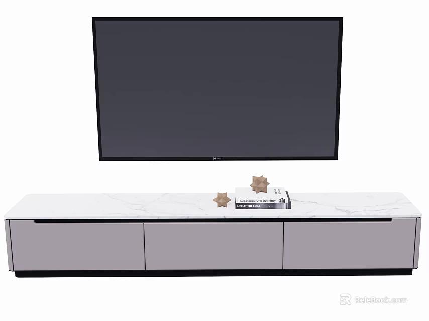 Modern White TV Stand With Marble Top Drawers TV Above Books And Decorative Items 3d model 