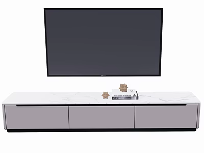Modern White TV Stand With Marble Top Drawers TV Above Books And Decorative Items 3d model