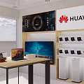 Modern Digital Store with HUAWEI Products Display Shelves Displayed Electronics and Modern Interior