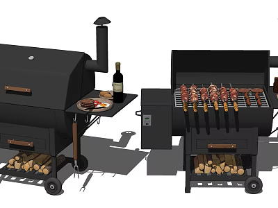 Outdoor Kitchen Grill Appliances With Wood Logs Skewers And Wine Bottle 3d model