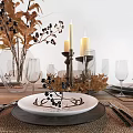 Wooden Dining Table Set With White Chairs Candles Vase And Tableware 3d model