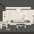 Modern Living Room With White Sofa Armchair Checkered Rug Chandelier And Abstract Wall Art