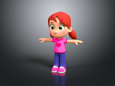 Cartoon Girl With Red Hair Ponytail Pink Heart T-shirt Blue Pants Pink Shoes Arms Outstretched 3d model