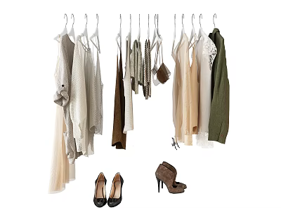 Various Clothing Items Hanging on Hangers With Shoes Placed Nearby 3d model