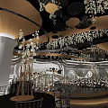 Luxurious Banquet Hall Interior With Chandeliers Circular Decorations Mirrored Stage Tables And Chairs