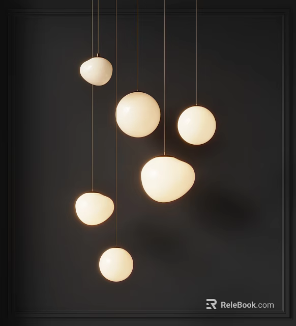 Elegant White Spherical Pendant Lights Hanging In Modern Dark Interior Space Design 3d model