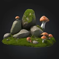 Natural Scene With Green Moss Covered Stones And Orange Mushrooms