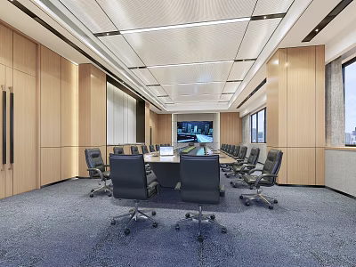 Modern Conference Room Interior Design With Long Table Black Chairs And Wooden Walls 3d model