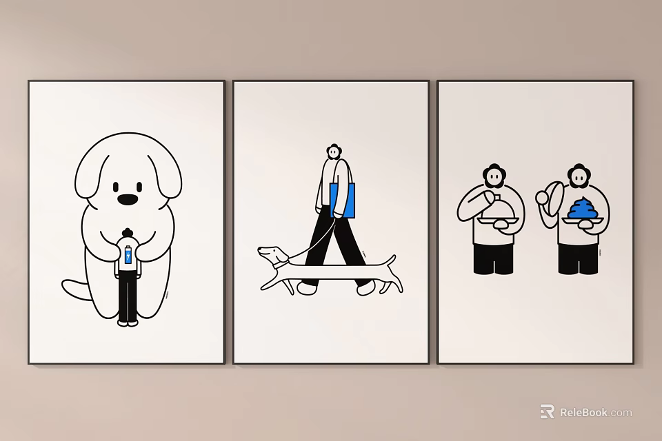 Three Black And White Line Paintings With Dog And People Illustrations 3d model 