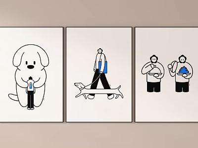 Three Black And White Line Paintings With Dog And People Illustrations 3d model