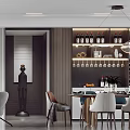Modern Restaurant Interior Design With Dining Table Chairs Wine Rack And Hanging Lights 3d model