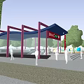 Pergola Red Frame Glass Structure With People Trees And Balloons In Open Public Space