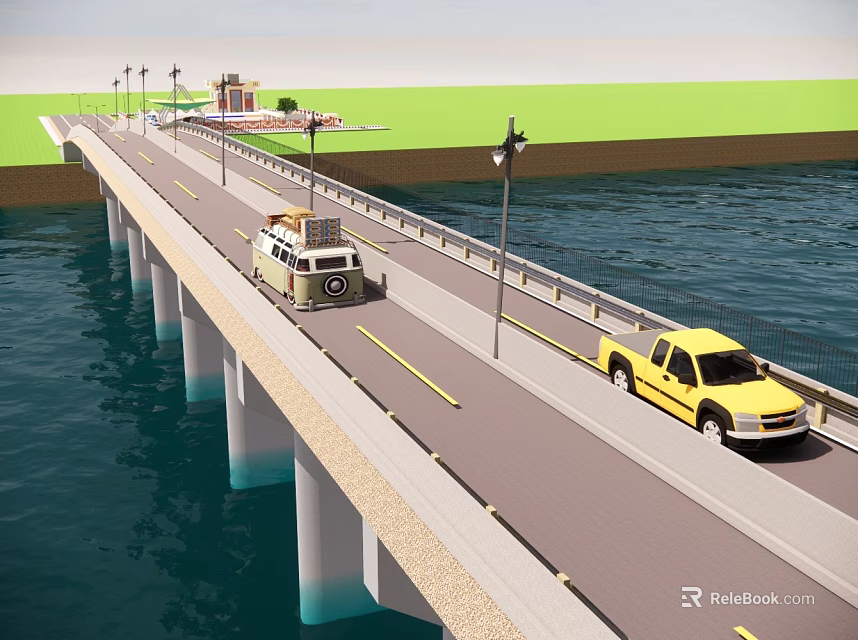 Concrete Road Bridge With Street Lamps And Vehicles Over Blue Water 3d model 