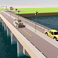 Concrete Road Bridge With Street Lamps And Vehicles Over Blue Water