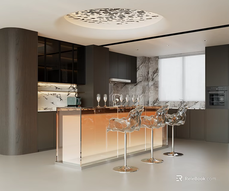 Modern Open Restaurant Kitchen Interior With Transparent Chairs Marble Backsplash Pendant Light And Black Cabinets 3d model 