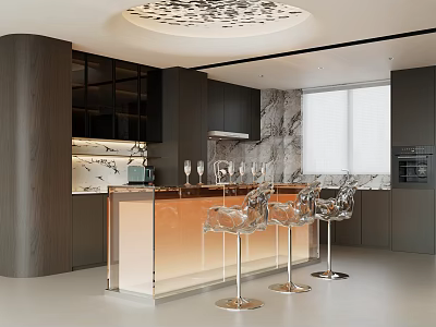 Modern Open Restaurant Kitchen Interior With Transparent Chairs Marble Backsplash Pendant Light And Black Cabinets 3d model