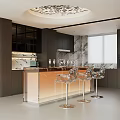 Modern Open Restaurant Kitchen Interior With Transparent Chairs Marble Backsplash Pendant Light And Black Cabinets
