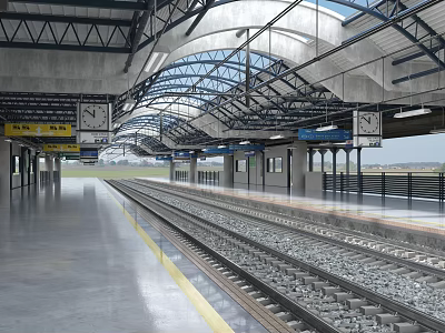 Spacious Train Station Platform With Rail Tracks Clocks Roof Structure And Platform Signs 3d model