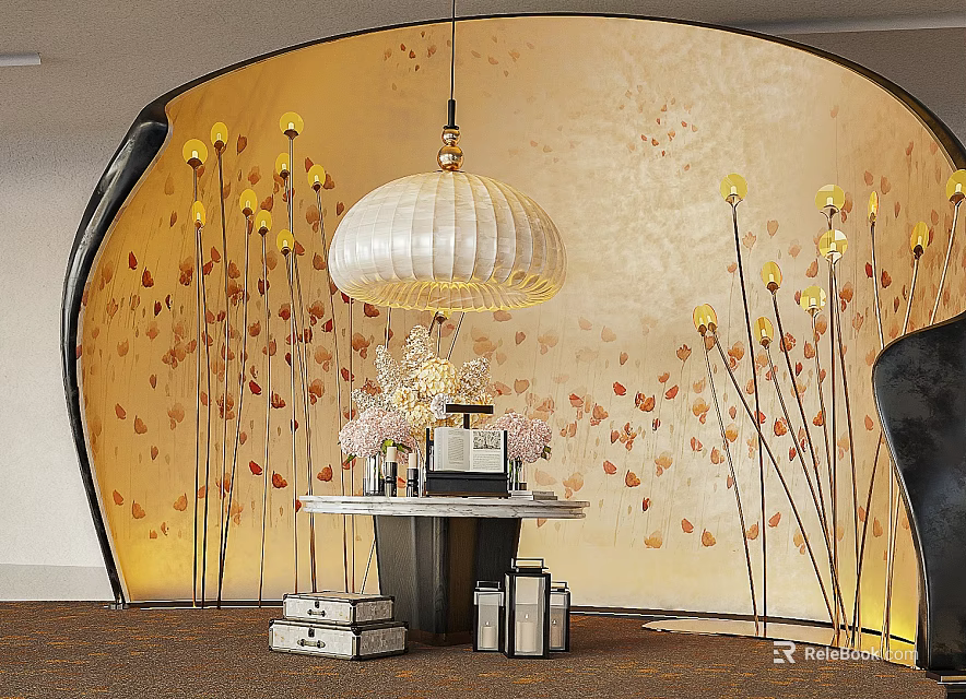 Hotel Lobby Bar with Curved Backdrop Orange Leaf Patterns and Yellow Floral Decorations 3d model 
