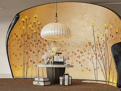 Hotel Lobby Bar with Curved Backdrop Orange Leaf Patterns and Yellow Floral Decorations 3d model