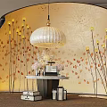 Hotel Lobby Bar with Curved Backdrop Orange Leaf Patterns and Yellow Floral Decorations