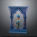 Cartoon Character in Blue Turban and Traditional Attire Standing in Blue Archway Holding Cane