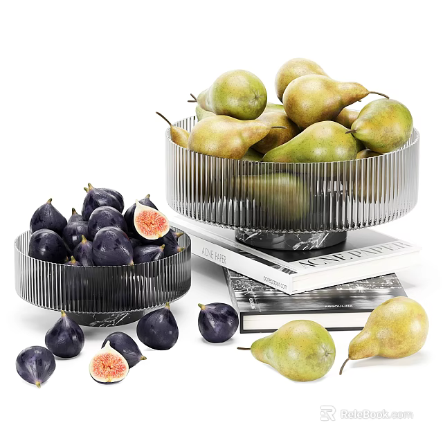 Fresh Figs And Pears In Modern Glass Bowls With Books 3d model 