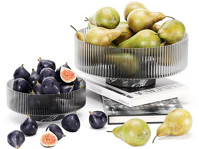 Fresh Figs And Pears In Modern Glass Bowls With Books 3d model
