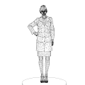 Woman in White Coat and Black Skirt Standing on White Platform with Red Background