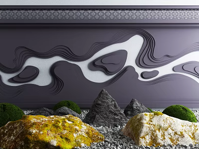 Garden Courtyard Design With Wavy Wall Mossy Rocks Small Shrubs And Gravel 3d model