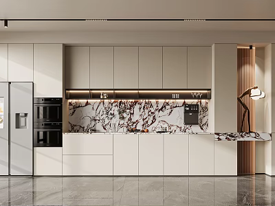 Modern Kitchen With White Cabinets Marble Countertop And Built In Appliances 3d model
