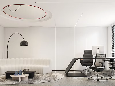 Modern Office Interior With White Sofa Black Desk Ergonomic Chair And Floor Lamp 3d model