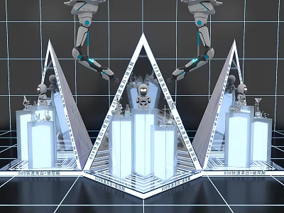 Robotic Arms Operating Around Pyramid Structures With White Pillars And Grid Background 3d model