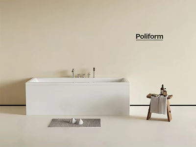 Modern White Freestanding Bathtub With Wooden Stool Towel Bath Products Bath Mat And Slippers Poliform 3d model