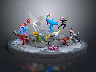 Scenic Rocky Landscape With Colorful Cartoon Characters And Natural Decorative Elements 3d model