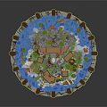 Detailed Colorful Cartoon Scene With Round Design Houses Trees Water Boats And Stone Border