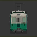 Vintage Green and White Electric Tram with Yellow Doors and Roof Pantograph