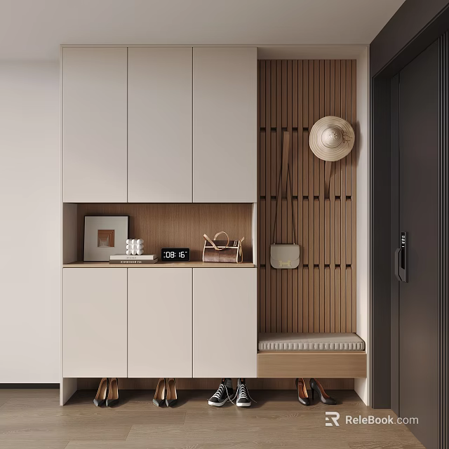 Modern Entryway Side Cabinet With Wooden Slats Storage Bench And Decorative Panel 3d model 
