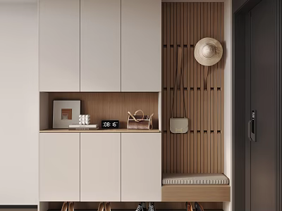 Modern Entryway Side Cabinet With Wooden Slats Storage Bench And Decorative Panel 3d model