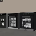 Modern Built in Kitchen Appliances With Black Glass Doors And Dish Racks