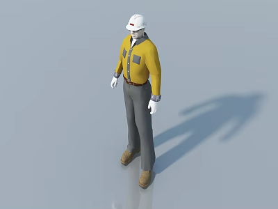 Man Wearing White Hard Hat Yellow Shirt Gray Pants Brown Shoes Against Gray Background 3d model